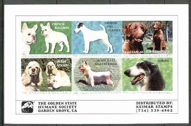 Cinderella - California Dogs sheetlet #01 containing 6 labels of Dogs produced by Golden State Humane Society unmounted mint, stamps on cinderellas      dogs       bulldog    fox terrier    retriever     cocker      borzoi
