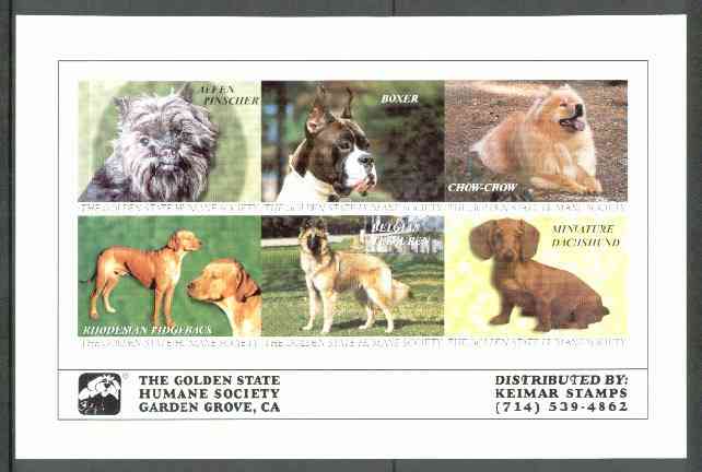 Cinderella - California Dogs sheetlet #02 containing 6 labels of Dogs produced by Golden State Humane Society, stamps on , stamps on  stamps on cinderellas      dogs       pinscher    boxer    chow    ridgeback     dachshund