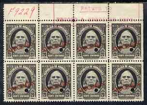 Honduras 1931 Columbus 20c unmounted mint block of 8 optd SPECIMEN (20mm x 3mm) each with security punch hole (ex ABN Co archives) handstamped Return to Record & Specimen..., stamps on columbus    explorers    americana