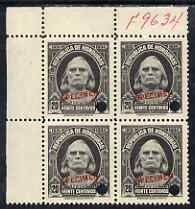 Honduras 1931 Columbus 20c unmounted mint block of 4 optd SPECIMEN (13mm x 2mm) each with security punch hole (ex ABN Co archives) with sheet File number in margin, UNIQU..., stamps on columbus    explorers    americana