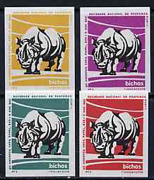 Match Box Labels - Rhino from Portuguese Wildlife set with 4 diff background colours, fine unused condition (4 labels), stamps on , stamps on  stamps on rhino    animals