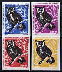 Match Box Labels - Owl (Long Eared) from Portuguese Wildlife set with 4 diff background colours, fine unused condition (4 labels), stamps on , stamps on  stamps on birds, stamps on  stamps on birds of prey, stamps on  stamps on owls