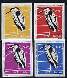 Match Box Labels - Heron from Portuguese Wildlife set with 4 diff background colours, fine unused condition (4 labels), stamps on birds    heron