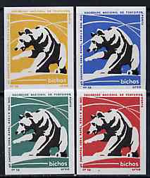 Match Box Labels - Bear from Portuguese Wildlife set with 4 diff background colours, fine unused condition (4 labels)