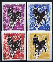 Match Box Labels - Donkey from Portuguese Wildlife set with 4 diff background colours, fine unused condition (4 labels), stamps on animals    donkey    horses