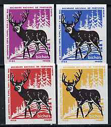 Match Box Labels - Deer from Portuguese Wildlife set with 4 diff background colours, fine unused condition (4 labels), stamps on , stamps on  stamps on animals    deer