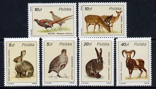 Poland 1986 Game Birds & Animals set of 6 unmounted mint, SG 3032-37, stamps on , stamps on  stamps on birds, stamps on  stamps on food, stamps on  stamps on partridge, stamps on  stamps on rabbit, stamps on  stamps on pheasant, stamps on  stamps on hunting, stamps on  stamps on mouflon, stamps on  stamps on hare, stamps on  stamps on deer, stamps on  stamps on game