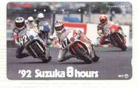 Telephone Card - Japan 105 units phone card showing Bikers on Corner inscribed '92 Suzuka 8 Hours (card number 291-176), stamps on , stamps on  stamps on motorbikes