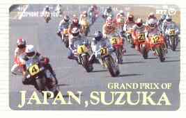 Telephone Card - Japan 105 units phone card showing Riders entering Right Hand Bend inscribed Grand Prix of Japan, Suzuka (card number 290-262), stamps on , stamps on  stamps on motorbikes