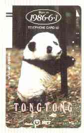 Telephone Card - Japan 50 units phone card showing Panda TongTong inscribed Born in 1986.6.1 (vertical card in colour) card number 230-047, stamps on animals     bears     pandas