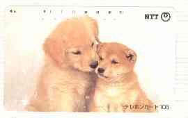 Telephone Card - Japan 105 units phone card showing Golden Retriever & Chow Puppies (card number 111-086), stamps on dogs