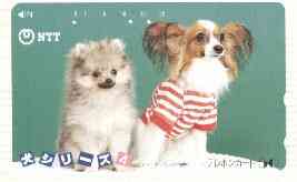 Telephone Card - Japan 50 units phone card showing two Puppies, one wearing red & white striped shirt (card number 290-384), stamps on , stamps on  stamps on dogs   