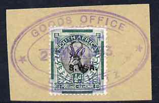 South West Africa - GOODS OFFICE/ LUDERITZ complete strike on 1/2d springbok on piece (Putzel R6), stamps on railways