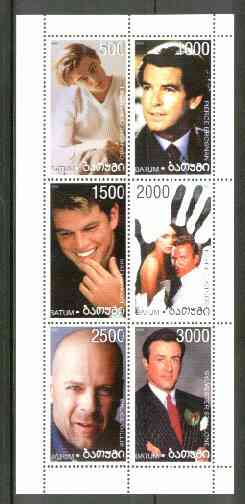 Batum 1999 Film Stars sheetlet containing 6 values (Willis, Stallone, Brosnan, Dicaprio, Damon & Costner) unmounted mint, stamps on films    cinema    entertainments