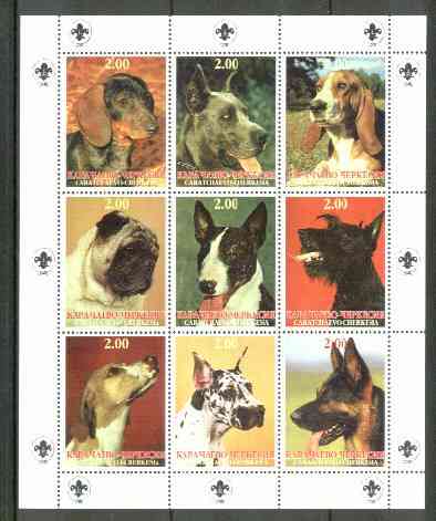 Karachaevo-Cherkesia Republic 1999 Dogs perf sheetlet containing 9 values with Scout Logo in margins unmounted mint, stamps on , stamps on  stamps on dogs     scouts
