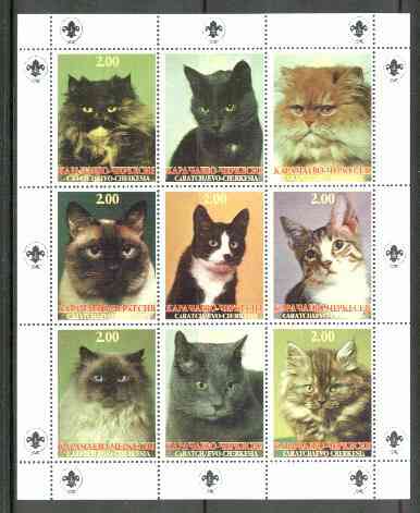 Karachaevo-Cherkesia Republic 1999 Cats perf sheetlet containing 9 values (Scout Logo in margins) unmounted mint, stamps on , stamps on  stamps on cats     scouts