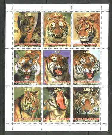 Karachaevo-Cherkesia Republic 1999 Tigers sheetlet containing 9 values unmounted mint, stamps on , stamps on  stamps on cats     tigers