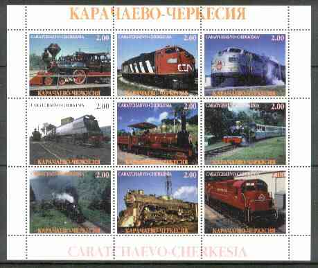 Karachaevo-Cherkesia Republic 1999 Railways of the World perf sheetlet containing 9 values unmounted mint, stamps on railways