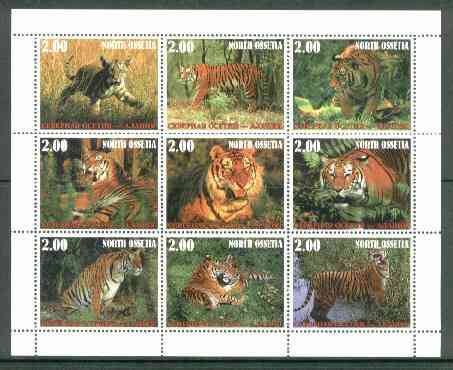 North Ossetia Republic 1999 Tigers perf sheetlet containing 9 values unmounted mint, stamps on , stamps on  stamps on cats, stamps on  stamps on tigers