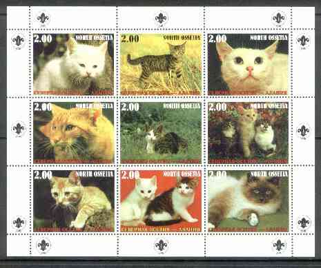 North Ossetia Republic 1999 Cats perf sheetlet containing 9 values (with Scout Logo in margins) unmounted mint, stamps on , stamps on  stamps on cats       scouts