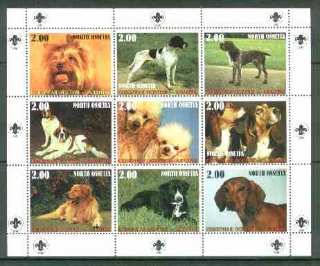 North Ossetia Republic 1999 Dogs perf sheetlet containing 9 values (with Scout Logo in margins) unmounted mint, stamps on dogs       scouts