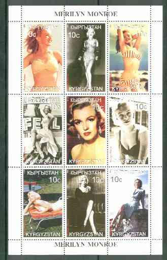 Kyrgyzstan 1999 Marilyn Monroe sheetlet containing set of 9 values unmounted mint, stamps on films, stamps on cinema, stamps on entertainments, stamps on marilyn monroe