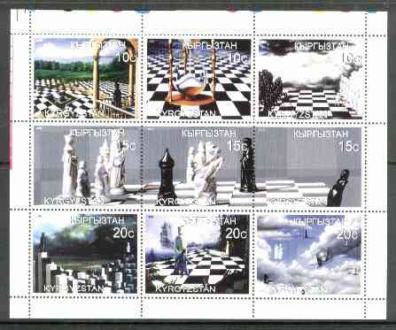 Kyrgyzstan 1999 Chess Art sheetlet containing set of 9 values unmounted mint, stamps on , stamps on  stamps on chess    arts   