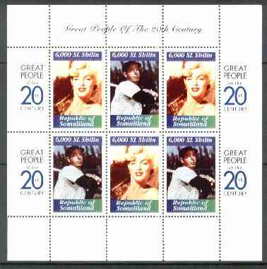 Somaliland 1999 Great People of the 20th Century - Marilyn Monroe & Joe Di Maggio perf sheetlet containing 6 x 6,000 sl values unmounted mint, stamps on , stamps on  stamps on films    entertainments      marilyn monroe    cinema     baseball, stamps on millennium