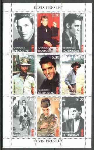 Tadjikistan 1999 Elvis Presley perf sheetlet containing set of 9 values unmounted mint, stamps on , stamps on  stamps on elvis, stamps on  stamps on pops, stamps on  stamps on films, stamps on  stamps on bicycles, stamps on  stamps on entertainments