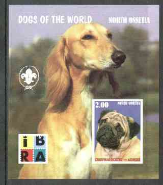 North Ossetia Republic 1999 Dogs imperf souvenir sheet (with Scout & IBRA Logos) unmounted mint, stamps on dogs       scouts, stamps on stamp exhibitions