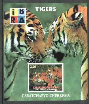 Karachaevo-Cherkesia Republic 1999 Tigers imperf souvenir sheet (with IBRA Logo) unmounted mint, stamps on tigers    cats, stamps on stamp exhibitions