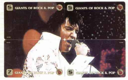 Telephone Card - Giants of Rock & Pop (Elvis) set of 4 phone cards (5 units) forming a composite horiz picture, Limited edition of just 500 sets, stamps on elvis      pops     films     cinema   entertainments    music
