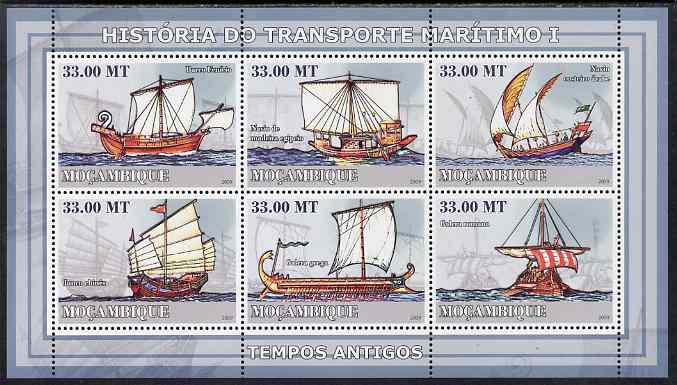 Mozambique 2009 History of Transport - Ships #01 perf sheetlet containing 6 values unmounted mint, stamps on transport, stamps on ships, stamps on 