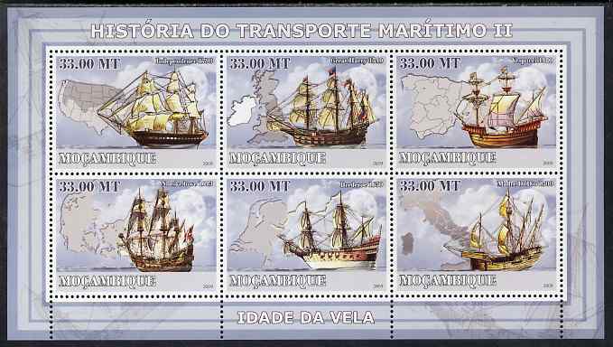Mozambique 2009 History of Transport - Ships #02 perf sheetlet containing 6 values unmounted mint, stamps on transport, stamps on ships, stamps on maps
