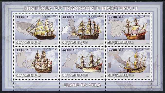 Mozambique 2009 History of Transport - Ships #02 perf sheetlet containing 6 values unmounted mint, stamps on transport, stamps on ships, stamps on maps