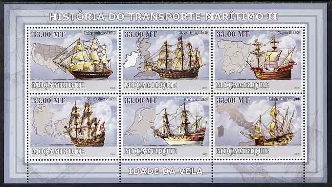 Mozambique 2009 History of Transport - Ships #02 perf sheetlet containing 6 values unmounted mint, stamps on , stamps on  stamps on transport, stamps on  stamps on ships, stamps on  stamps on maps