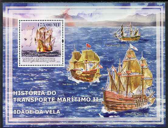 Mozambique 2009 History of Transport - Ships #02 perf m/sheet unmounted mint, stamps on transport, stamps on ships, stamps on maps, stamps on volcanoes