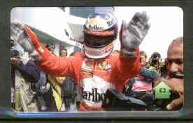 Telephone Card - Michael Schumacher 2 phone card (showing MS with outstretched arms), stamps on cars    racing cars, stamps on shells     
