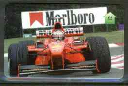 Telephone Card - Michael Schumacher 5 phone card (showing MS in Ferrari on curve), stamps on cars    racing cars           ferrari, stamps on shells, stamps on 