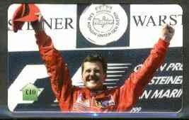 Telephone Card - Michael Schumacher 10 phone card (showing MS on Winners Rostrum), stamps on cars    racing cars, stamps on shells