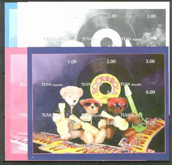 Touva 1999 Rock & Roll Teddies composite sheet containing 9 values, the set of 5 imperf progressive proofs comprising the 4 individual colours, plus all 4-colour composit..., stamps on music    teddy bears