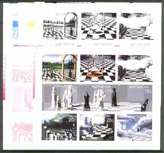 Kyrgyzstan 1999 Chess Art sheetlet containing 9 values, the set of 5 imperf progressive proofs comprising the 4 individual colours, plus all 4-colour composite, stamps on , stamps on  stamps on chess    arts   