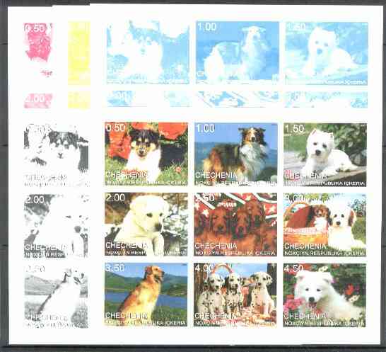 Chechenia 1999 Dogs sheetlet containing 9 values, the set of 5 imperf progressive proofs comprising the 4 individual colours, plus all 4-colour composite, stamps on , stamps on  stamps on dogs