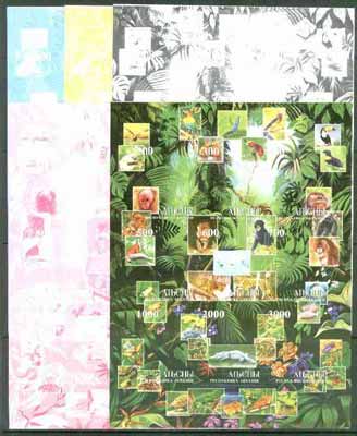 Abkhazia 1999 Wildlife composite sheetlet containing 9 values, the set of 5 imperf progressive proofs comprising the 4 individual colours, plus all 4-colour composite, stamps on , stamps on  stamps on animals     birds      reptiles