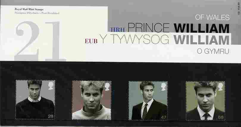 Great Britain 2003 21st Birthday of Prince William of Wales perf set of 4 in official presentation pack SG 2381-84, stamps on royalty