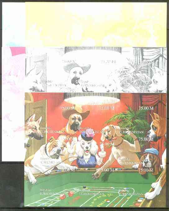 Turkmenistan 1999 Gambling Dogs composite sheetlet containing 9 values, the set of 5 imperf progressive proofs comprising the 4 individual colours, plus all 4-colour composite, stamps on , stamps on  stamps on dogs     gambling