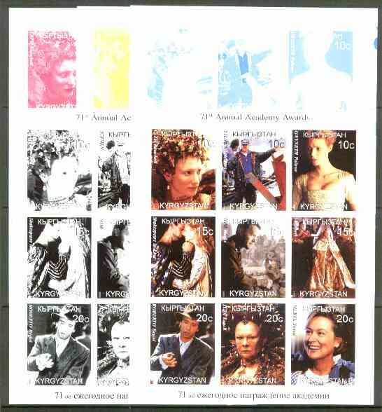 Kyrgyzstan 1999 71st Oscar Winners sheetlet containing 9 values, the set of 5 imperf progressive proofs comprising the 4 individual colours, plus all 4-colour composite, stamps on , stamps on  stamps on films    cinema    entertainments        