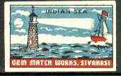 Match Box Labels - Indian Sea (Lighthouse) label by Gem Match Works, Sivakasi (India), stamps on lighthouses