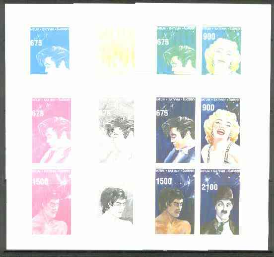 Batum 1995 Film Stars (Elvis, Marilyn Monroe, C Chaplin & Bruce Lee) the set of 6 imperf progressive proofs comprising the 4 individual colours, plus 2 and all 4-colour composites unmounted mint, stamps on , stamps on  stamps on music     personalities        elvis  entertainments     films    cinema, stamps on marilyn monroe, stamps on  stamps on comedy, stamps on  stamps on chaplin