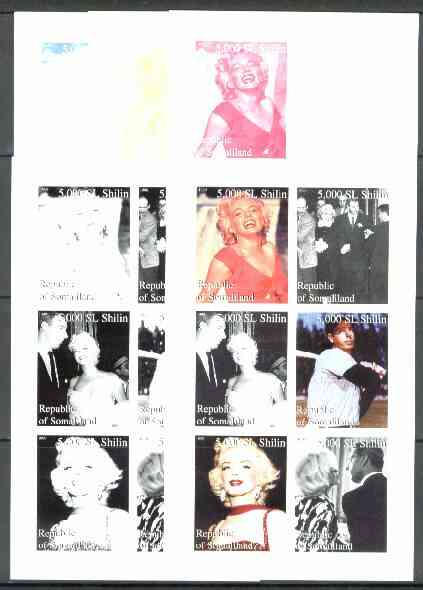 Somaliland 1999 Marilyn Monroe & Joe Di Maggio sheetlet containing set of 6 values, the set of 5 imperf progressive proofs comprising the 4 individual colours, plus all 4..., stamps on films    entertainments      marilyn monroe    cinema     baseball